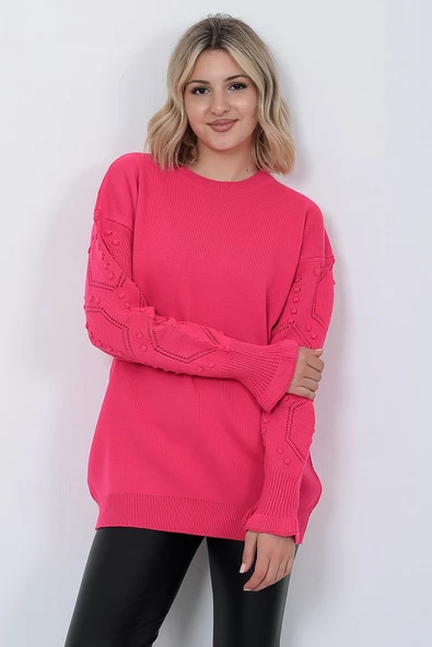 Kadın Triko Kazak Bisiklet Yaka Kolu Desenli Oversize Fujya - 5