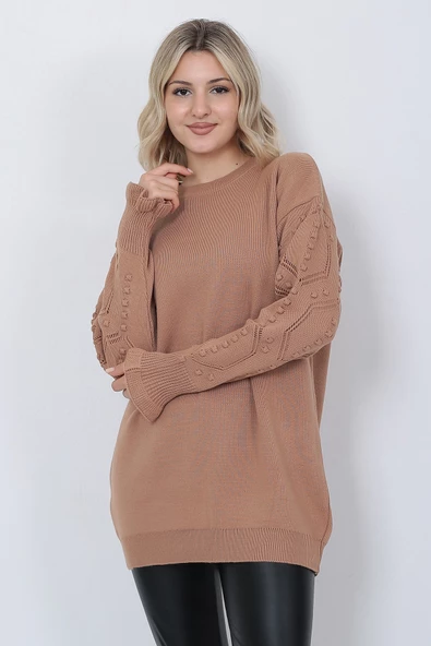 Kadın Triko Kazak Bisiklet Yaka Kolu Desenli Oversize Vizon - 5