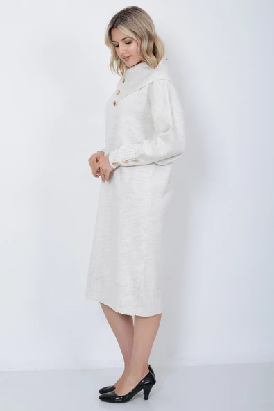 Triko Uzun Kadın Elbise Yaka Düğmeli Taş - Resim 7