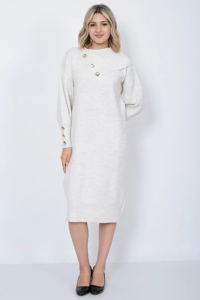 Triko Uzun Kadın Elbise Yaka Düğmeli Taş - Resim 5