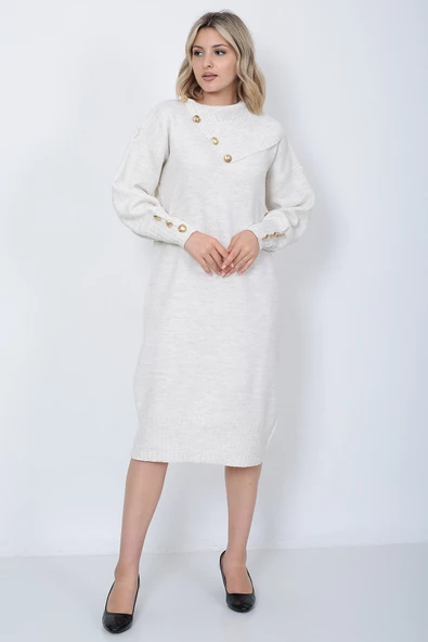 Triko Uzun Kadın Elbise Yaka Düğmeli Taş - Resim 8