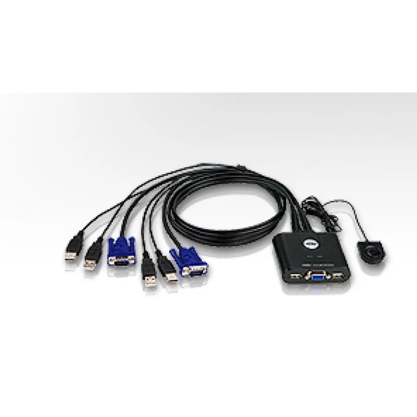 2 Port USB VGA KVM (Keyboard/Video Monitor/Mouse) Switch, Masaüstü Tip, KVM bağlantı kablosu ürüne gömülüdür<br>2-Port USB VGA Cable KVM Switch with Remote Port Selector