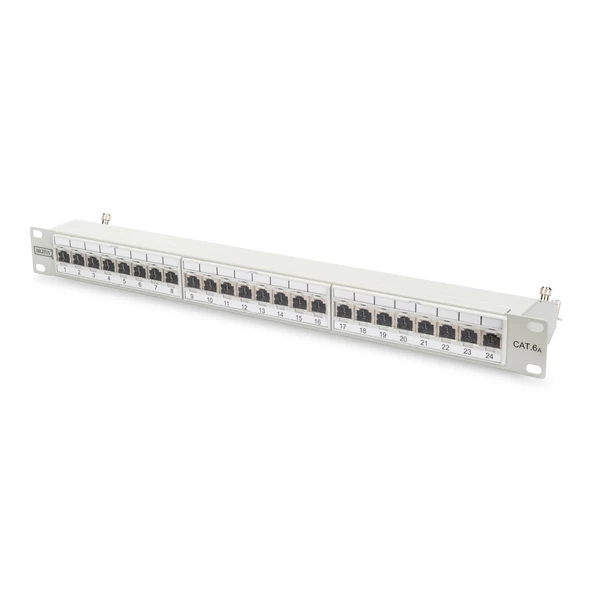 Digitus 19 Inch 24 Port Cat-6a EA Sınıfı FTP Patch Panel, Zırhlı, 1U, tozdan korumak için kapaklı, 8P8C, gri RAL 7035 renk