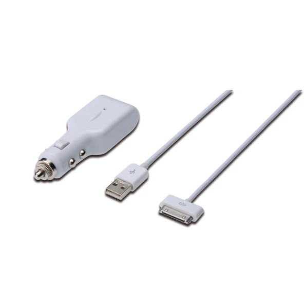 Digitus USB Araç İçi Çakmaklık Şarj Adaptörü  ve Şarj Kablosu,  1 x USB port, Giriş: 12-24V Çıkış: 5V + Apple 30pin Erkek - USB A Erkek Kablo, 1 metre