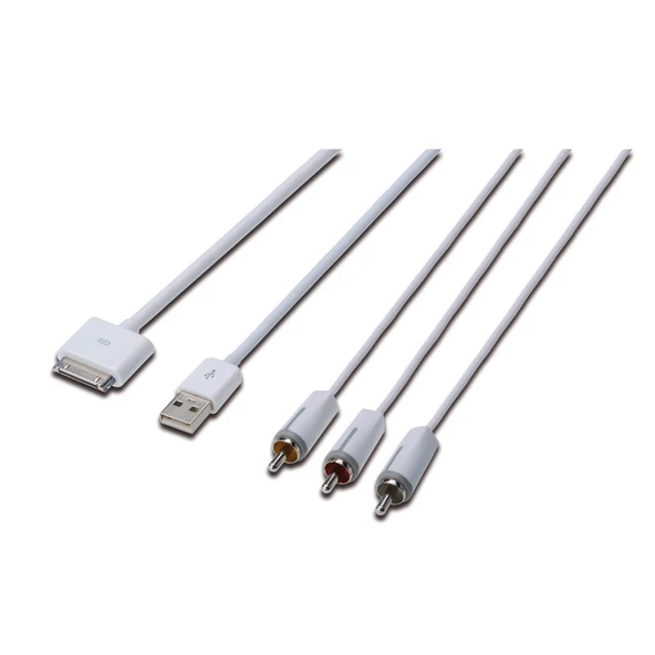 Digitus Apple Audio/Video bağlantı kablosu, Apple 30pin Erkek <->- 3 x RCA Erkek + USB A Erkek, 1.5 metre, Komposit Audio/Video, USB 2.0 uyumlu, UL, beyaz renk