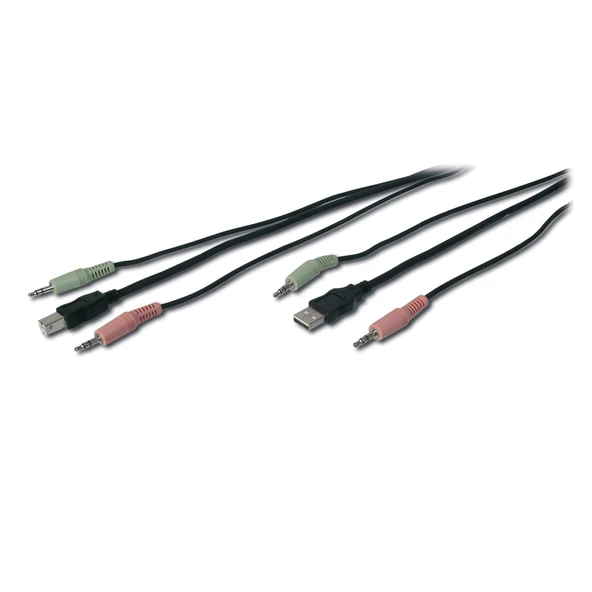 KVM Switch için Ses + USB Kablo Seti, 2 x 3,5 mm Erkek; USB A Erkek <-> 2 x 3,5 mm Erkek; USB B Erkek, siyah renk, 1,80 metre