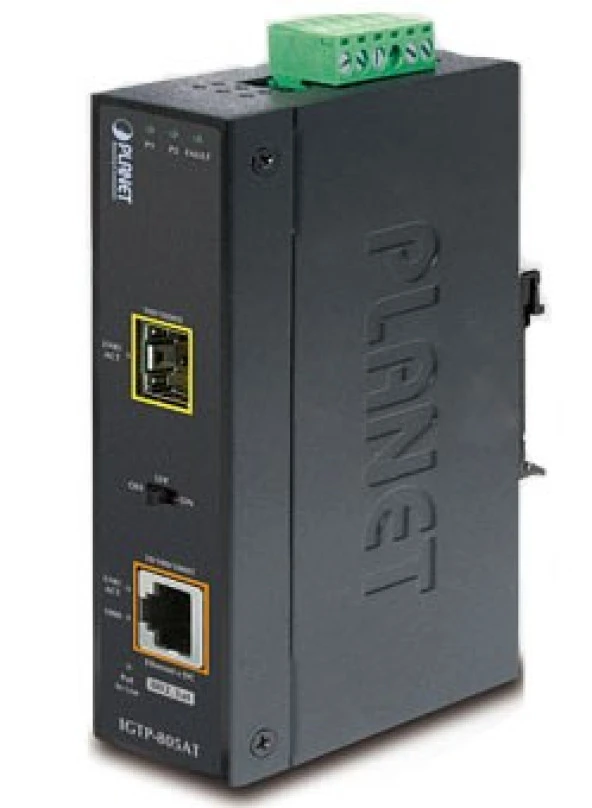 Endüstriyel Tip Media Converter<br>1000BASE-SX /LX <-> 10/100/1000BASE-T 802.3at PoE+ Injector (Port başına 30.8 watt)<br>1 x SFP yuva (1000BASE-X ve 100BASE-FX destekler)<br>IP30<br>-40 ile 75 derece C<br>Industrial Me