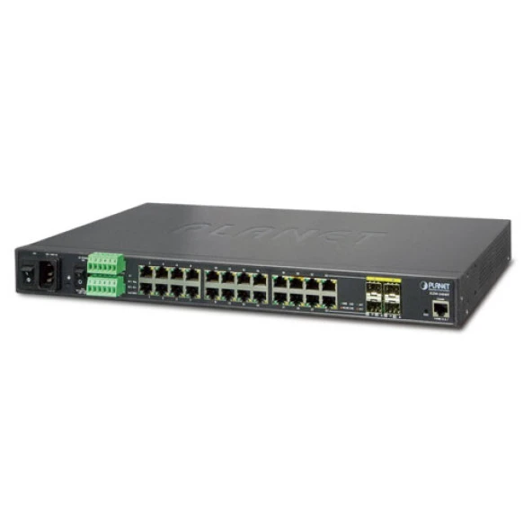 Endüstriyel Tip L2+ Yönetilebilir Ethernet Switch (Industrial L2+ Managed Ethernet Switch)<br>24-Port 10/100/1000T<br>4 x 1000BASE-SX/LX/BX SFP/mini-GBIC yuva (Combo Port-21 ile Port-24 arası), 100Base-FX SFP uyumlu<br>IP30, -40~75 Derec