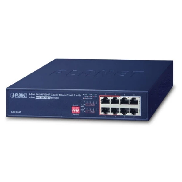 Yönetilemeyen Switch (Unmanaged Switch)<br>4-Port 10/100/1000Base-T IEEE 802.3 at/af PoE+ (Port-1 ile Port-4 arası) (Port başına 30.8 watt) (PoE Güç Bütçesi maks. 60 watt)<br>4-Port 10/100/1000Base-T