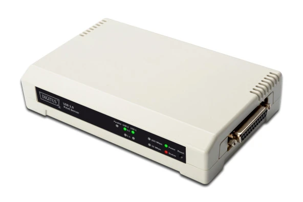 Digitus 3 port Fast Ethernet Print Server, 2 x USB 2.0 port, 1 x DB-36-pin erkek centronics, 1 x RJ45<br>Digitus USB & Parallel Print Server, 3-Port 1x RJ45, 2x USB A, 1x DB-36-pin male Centronics