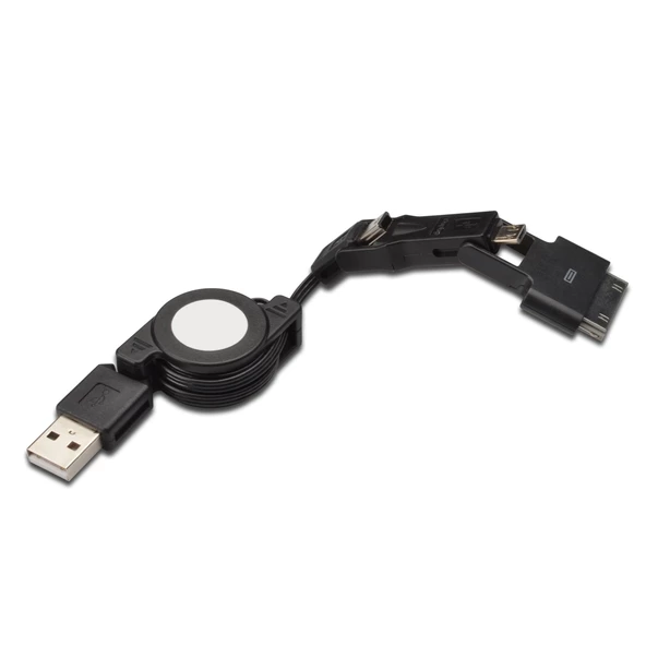 3 in 1 Makaralı Kablo, Samsung 30pin erkek <-> micro USB B erkek + mini USB B erkek + USB A, 0.75 metre, USB 2.0 uyumlu, AWG30, 2x zırhlı