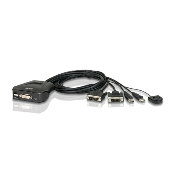 2 Port USB DVI KVM (Keyboard/Video Monitor/Mouse) Switch, Masaüstü Tip, KVM bağlantı kablosu ürüne gömülüdür<br>2-Port USB DVI Cable KVM Switch with Remote Port Selector