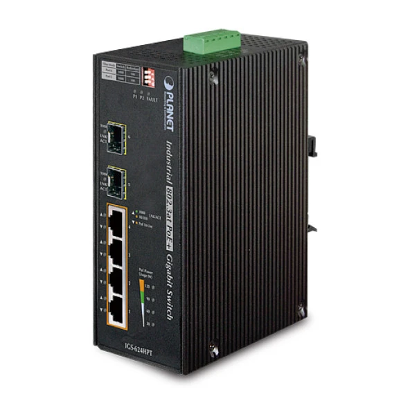 Endüstriyel Tip Yönetilemeyen PoE+ Switch (Industrial Unmanaged PoE+ Switch)<br>4-Port 10/100/1000Base-TX IEEE 802.3at/af PoE+ Injector (Port başına 30.8 watt) (PoE Güç Bütçesi maks. 120 watt)<br>2-Port 1000Base-SX/LX ve 100Base-FX SFP yuva&lt