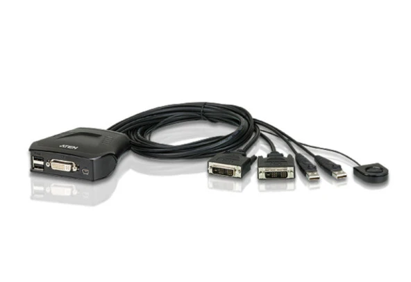 2 Port USB DVI KVM (Keyboard/Video Monitor/Mouse) Switch, Masaüstü Tip, KVM bağlantı kablosu ürüne gömülüdür<br>2-Port USB DVI Cable KVM Switch with Remote Port Selector