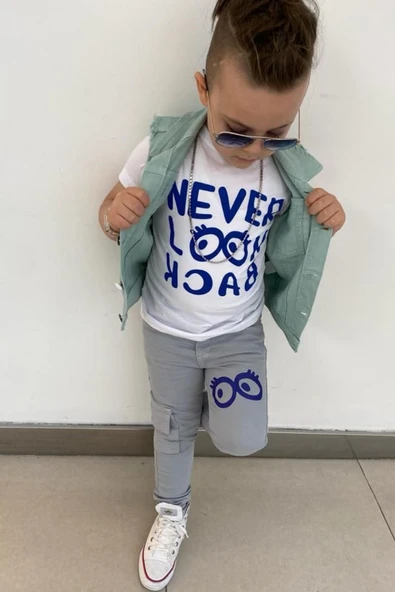 Erkek Çocuk Üzeri Göz ve Yazı Baskılı Tişört Sıfır Kol Jean Su Yeşili Yelek Alt Üst Takım - 7
