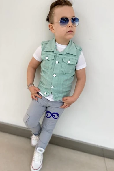 Erkek Çocuk Üzeri Göz ve Yazı Baskılı Tişört Sıfır Kol Jean Su Yeşili Yelek Alt Üst Takım - 6