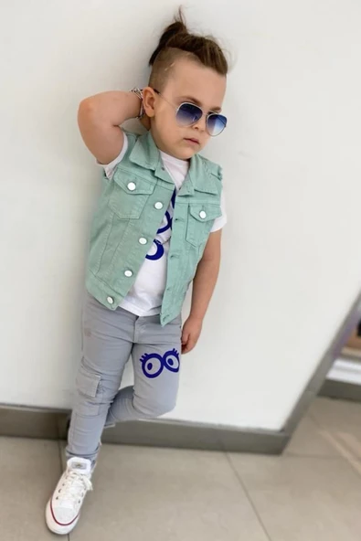 Erkek Çocuk Üzeri Göz ve Yazı Baskılı Tişört Sıfır Kol Jean Su Yeşili Yelek Alt Üst Takım - 5