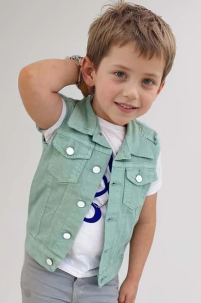 Erkek Çocuk Üzeri Göz ve Yazı Baskılı Tişört Sıfır Kol Jean Su Yeşili Yelek Alt Üst Takım - 3