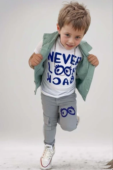 Erkek Çocuk Üzeri Göz ve Yazı Baskılı Tişört Sıfır Kol Jean Su Yeşili Yelek Alt Üst Takım - 2