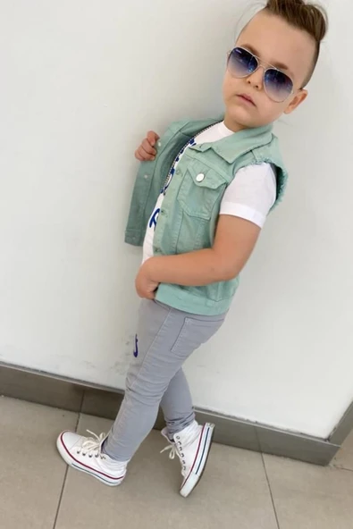 Erkek Çocuk Üzeri Göz ve Yazı Baskılı Tişört Sıfır Kol Jean Su Yeşili Yelek Alt Üst Takım - 8