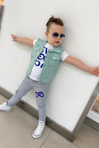 Erkek Çocuk Üzeri Göz ve Yazı Baskılı Tişört Sıfır Kol Jean Su Yeşili Yelek Alt Üst Takım - 9