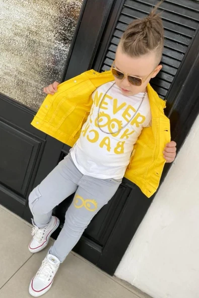 Erkek Çocuk Üzeri Göz ve Yazı Baskılı Tişört Sıfır Kol Jean Sarı Yelek Alt Üst Takım - 8