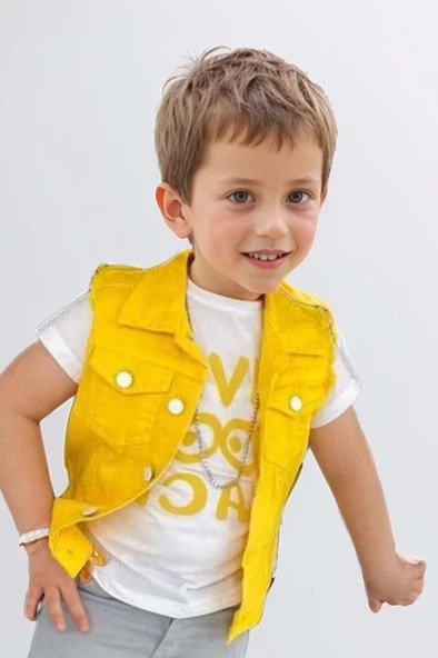 Erkek Çocuk Üzeri Göz ve Yazı Baskılı Tişört Sıfır Kol Jean Sarı Yelek Alt Üst Takım - 3