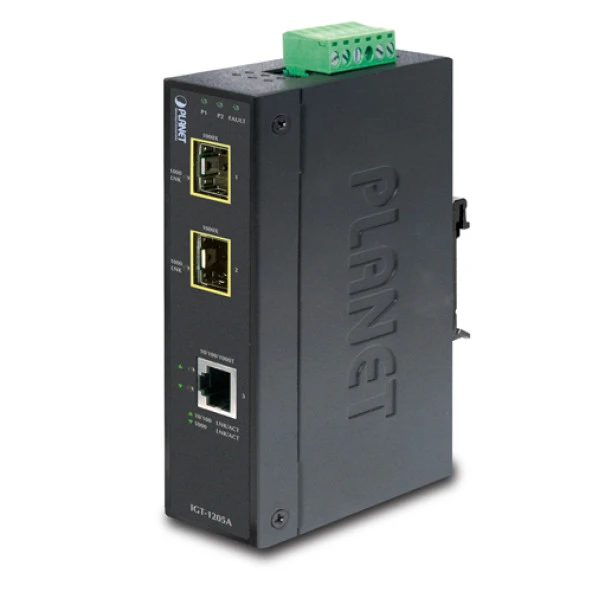 Endüstriyel Tip Media Converter<br>1-port 10/100/1000T <-> 2-port 1000Base-SX/LX/BX SFP/mini-GBIC yuva (Port-1 ve Port-2)<br>IP-30, -40 ile 75 Derece C<br>Industrial 10/100/1000T to 2-port 100/1000X SFP Media Converter