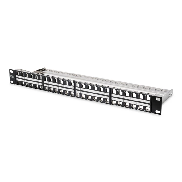 Digitus 48 Port Boş Patch Panel, Zırhlı Keystone Jack Takılabilir, 1U Yüksekliğinde, siyah RAL 9005 renk