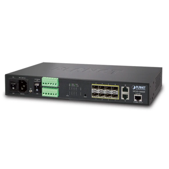 Managed Metro Ethernet Switch<br>8-Port 1000BASE-SX/LX/BX SFP/mini-GBIC yuva (Port-1 ile Port-8 arası), 100Base-FX SFP uyumlu<br>2-Port 10/100/1000Base-T<br>  1 x Konsol port<br>-10~60 Derece C