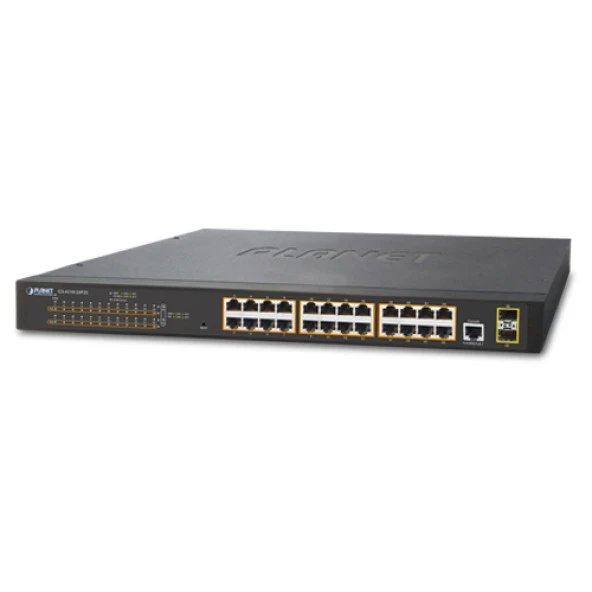 Gigabit PoE Yönetilebilir Switch (Gigabit PoE Managed Switch)<br>24-Port 10/100/1000Base-T IEEE 802.3at/af PoE+ Injector (Port başına 30.8 watt)  (PoE Güç Bütçesi maks. 300 Watt)<br>2-Port 100/1000Base-X mini-GBIC/SFP yuva<br>1 x Konsol