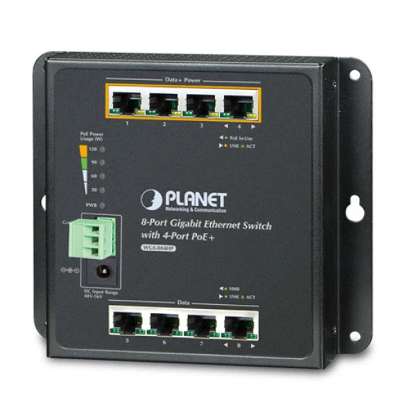 Duvar Tip Yönetilemeyen PoE+ Switch<br>8-Port 10/100/1000Base-T (Port-1 ile Port-4 arası IEEE 802.3at/af PoE+ Injector) (Port başına 30.8 watt) (PoE Güç Bütçesi maks. 120 Watt)<br>IP30, -10~60 Derece C<br>IP30 8-Port Gigabit Wall-mount S