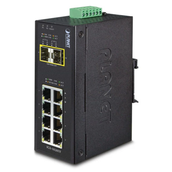 Endüstriyel Tip Yönetilemeyen Switch (Industrial Unmanaged Switch)<br>8-Port 10/100/1000Mbps<br>2 x 1000BASE-SX/LX/BX SFP/mini-GBIC yuva (Port-9 ve Port-10), 100Base-FX SFP uyumlu<br>IP30, -40~75 Derece C