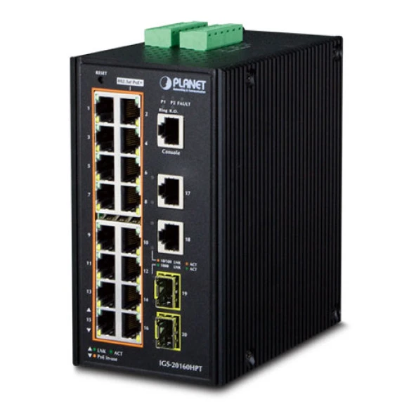 Endüstriyel Tip Yönetilebilir Ethernet Switch (Industrial Managed Ethernet Switch)<br>16-Port 10/100/1000Base-TX IEEE 802.3at/af PoE+ Injector (Port başına 30.8 watt) (PoE Güç Bütçesi maks. 320 watt)<br>2-Port 10/100/1000Base-TX RJ-45<br&gt