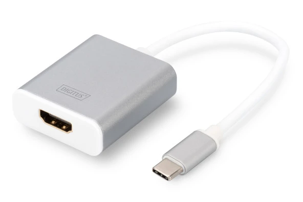 Digitus USB 3.0 (USB Tip C) <-> HDMI Grafik Adaptörü<br>Giriş: 1 x USB Tip C erkek (bilgisayar bağlantısı) <br>Çıkış: 1 x HDMI A (19-pin) dişi (Ultra HD, 4K, 3840 x 2160@ 0 Hz)<br>Alüminyum