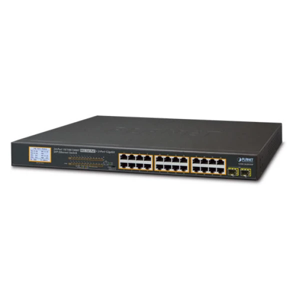 Yönetilemeyen Switch (Unmanaged Switch)<br>24-Port 10/100/1000Base-T  IEEE 802.3at/af PoE+ Injector (Port başına 30.8 watt) (PoE Güç Bütçesi maks. 300 Watt)<br>2-Port 1000X SFP yuva <br>LCD Ekranlı - PoE kullanımı ve sistem durumu bilgis