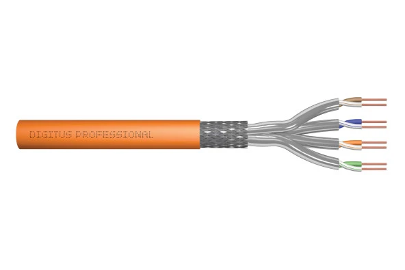 Digitus Category 7 (Cat. 7) S/FTP PIMF (Pairs in Metal Foil) Data Kablosu<br>Zırhlı<br>AWG 23/1<br>1200 MHz<br>Class Dca<br>Simplex<br>LSZH (Low Smoke Zero Halogen)<br>500 metrelik rulolarda<br>Turuncu renk