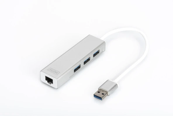 Digitus 3 Port USB 3.0 Hub & USB 3.0 Gigabit Ethernet Adaptörü, 1 x 10/100/1000 RJ45 Dişi Yuva, 1 x USB-A Erkek Konnektör Kablolu 20 cm, 3 x USB 3.0 USB-A Dişi Konnektör, alüminyum, Mac ve Windows destekler