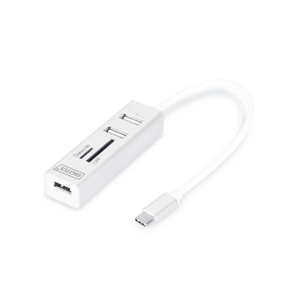 Digitus USB 2.0 Tip C 3 Port Hub, Kart Okuyucu, 3 x USB 2.0. 1 x SD, 1 x MicroSD kart yuvası, alüminyum