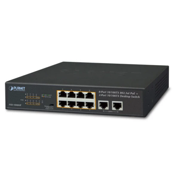 Yönetilemeyen Masaüstü Tip Switch (Unmanaged Desktop Switch)<br> 8-Port 10/100TX IEEE 802.3at/af PoE+ Injector (Port başına 30.8 watt) (Port-1 ile Port-8 arası)(PoE Güç Bütçesi maks. 120 Watt)<br>2-Port 10/100TX