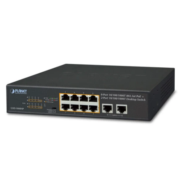 Yönetilemeyen Masaüstü Tip Switch (Unmanaged Desktop Switch)<br>8-Port 10/100/1000T IEEE 802.3 at/af PoE+ Injector (Port başına 30.8 watt) (PoE Güç Bütçesi maks. 120 Watt)<br>2-Port 10/100/1000T