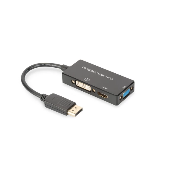 DisplayPort (DP) Çeviricisi/3 in 1 Multi-Media Kablosu<br>Kablolu, 0.20 metre<br>DP Erkek <-> HDMI Dişi + DVI Dişi + VGA Dişi<br>Siyah renk, altın kaplama