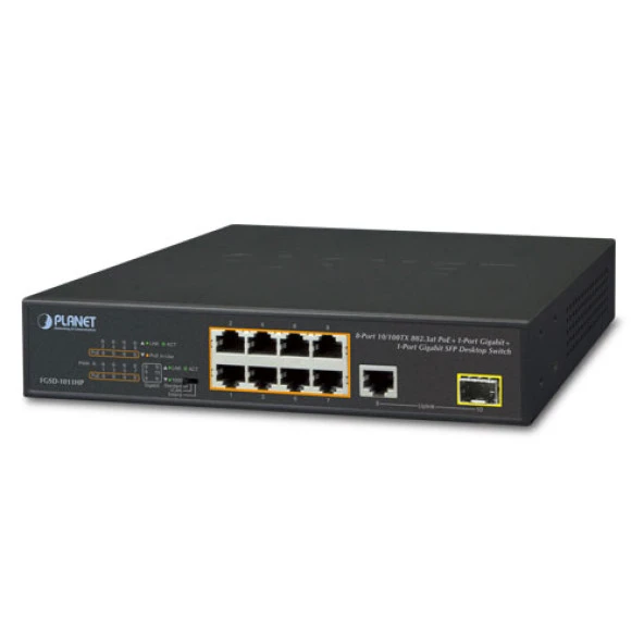 Yönetilemeyen Masaüstü Tip Switch (Unmanaged Desktop Switch)<br>8-Port 10/100TX IEEE 802.3at/af PoE+ Injector Port (Port başına 30.8 watt) (PoE Güç Bütçesi maks. 120 Watt)<br>1-Port 10/100/1000T<br>1-Port 100/1000X SFP yuva