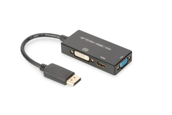 DisplayPort (DP) Çeviricisi/3 in 1 Multi-Media Kablosu<br>Kablolu, 0.20 metre<br>DP Erkek <-> HDMI Dişi + DVI Dişi + VGA Dişi<br>Siyah renk, altın kaplama