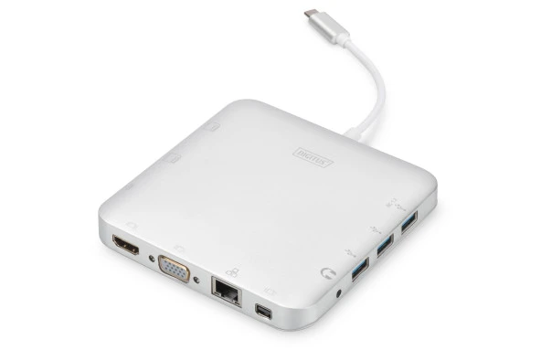 Digitus USB Tip C Docking Station (Digitus Universal Docking Station, USB Type-C™)<br>1 x HDMI port (UHD, 4K2K, 4096 x 2160)<br>1 x MiniDP port (UHD, 4K2K, 4096 x 2160)<br>1 x VGA port (Full HD, 1920 x 1200)<br>1 x USB Tip C PD por