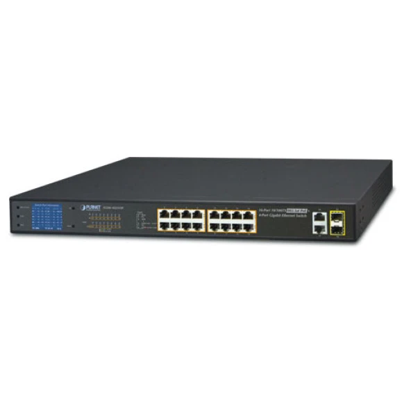 Yönetilemeyen Switch (Unmanaged Switch)<br>16-Port 10/100TX IEEE 802.3at/af PoE+ Injector (Port başına 30.8 watt) (PoE Güç Bütçesi maks. 300 Watt)<br>2-Port 10/100/1000Base-T<br>  2-Port 1000BASE-X SFP/mini-GBIC yuva<br> LCD Ekranl