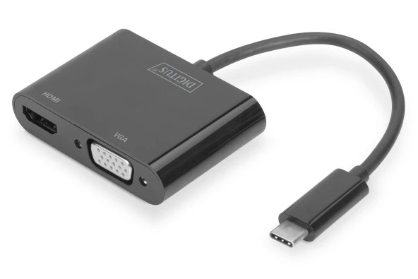 Digitus USB 3.1 (Gen. 1) (USB Tip C) <-> HDMI +  VGA Grafik Adaptörü<br>Giriş: 1 x USB Tip C erkek (bilgisayar bağlantısı için)<br>Çıkış: 1 x HDMI A (19-pin) dişi (UHD, 4K/30Hz), 1 x VGA (HD15) dişi (Full HD)<br>Plastik