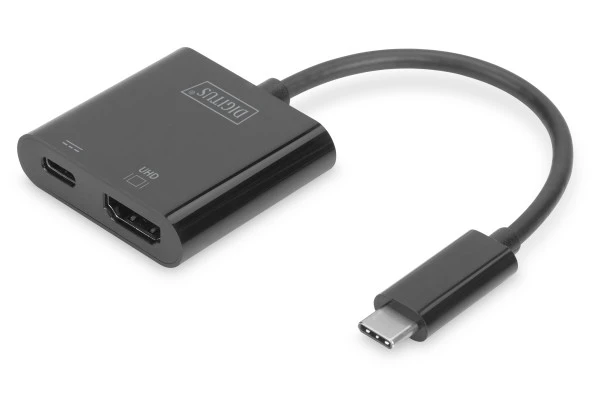 Digitus USB 3.1 (Gen. 1) (USB Tip C) <-> HDMI Grafik Adaptörü<br>Giriş: 1 x USB Tip C erkek (bilgisayar bağlantısı için)<br>Çıkış: 1 x Şarj özellikli USB Tip C (PD 2.0) port, 1 x HDMI A (19 pin) dişi (Ultra HD, 4K, 3840 x 2160p@60Hz)<