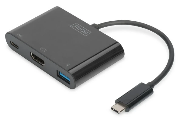 Digitus USB 3.1 (Gen. 1) (USB Tip C) <-> HDMI Grafik Adaptörü<br>Giriş: USB Tip C erkek (bilgisayar bağlantısı için)<br>Çıkış: 1 x Şarj özellikli USB Tip C (PD 2.0) port, 1 x HDMI A (19 pin) dişi (4K/30Hz), 1 x USB 3.0 dişi (mobil cihazl