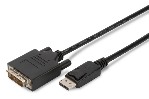 DisplayPort (DP) <-> DVI Kablosu, DP Erkek - DVI (24+1) Erkek, 5 metre, kilit mekanizmalı,   AWG28, 2x zırhlı, DP 1.1a uyumlu, UL, CE, siyah renk